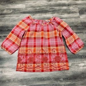 Rebecca Malone‎ pink orange plaid embroidered summer top